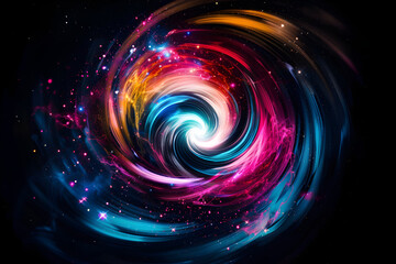 Dynamic neon galaxy with swirling colors and bright lights. Abstract art on black background.