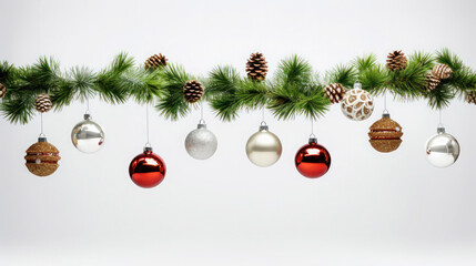 Garland of multicolored shiny Christmas balls on white background with cones, lights and spruce needles, copy space.
