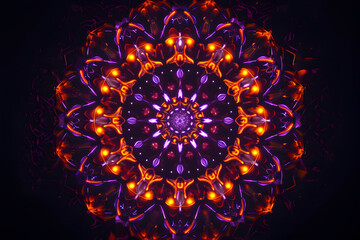 Hypnotic abstract neon kaleidoscope with orange and violet glowing designs. Enchanting neon art on black background.