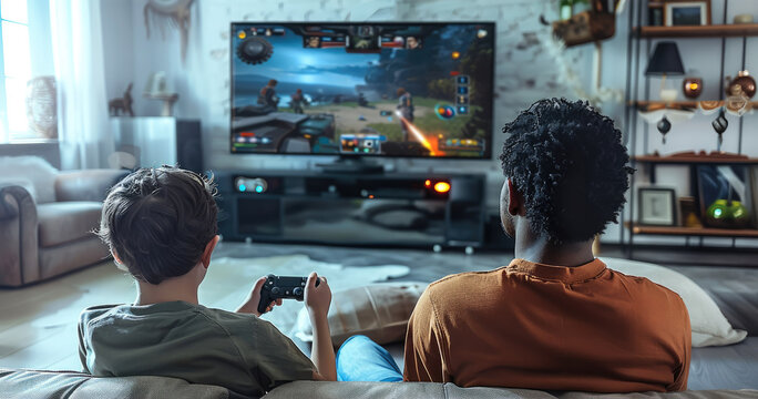 A man and his son were playing video games on the TV in their living room. A big screen TV displayed an action game that they were playing. Generative AI.