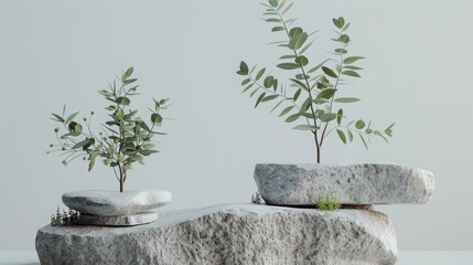 Two small trees are placed on a large rock, creating a sense of balance