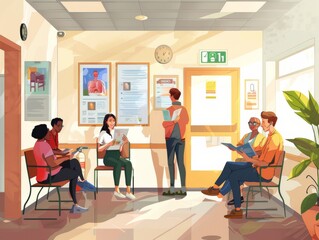 Patients in a waiting room reading informational brochures about skin cancer. 