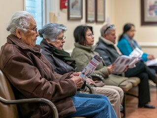 Patients in a waiting room reading informational brochures about skin cancer. 