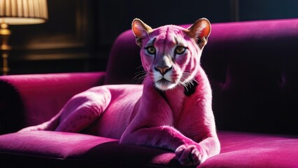 Pink panther lies on a velvet sofa, furniture store advertising banner