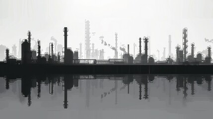 Fototapeta premium Factory construction silhouette. Industrial factories, refinery panorama and manufacture buildings skyline. Generative AI.