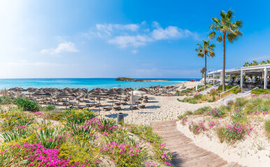 Discover the pristine Nissi Beach in Cyprus, a paradise with white sands and turquoise waters,...