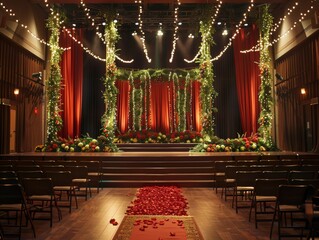 An auditorium decorated for the ceremony. 