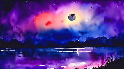 tranquility of twilight, rising moon, blue and purple skies, calm presence of a calming and peaceful lake, soft sky transitions, vibrant dark colors, Watercolor