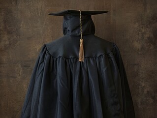 The back of a graduation gown, with a tassel hanging from the mortarboard.