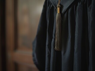 The back of a graduation gown, with a tassel hanging from the mortarboard.