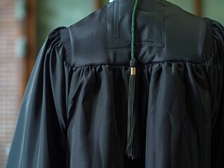 The back of a graduation gown, with a tassel hanging from the mortarboard.