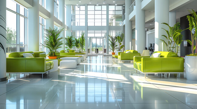 A well lit open plan office with green furniture. Generative AI.