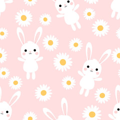 Seamless pattern with bunny rabbit cartoons and daisy flower on pink background vector.