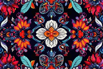 Fototapeta premium Colorful Floral Pattern with Blue, Red, and Orange Flowers and Leaves on Black Background