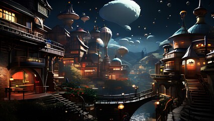 Night View of the Futuristic Ancient Style City with UFOs and AI Technology Equipment 