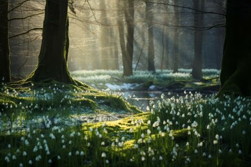 Lush Snowdrops forest violet blossom. Nature spring outdoor flora plant. Generate Ai