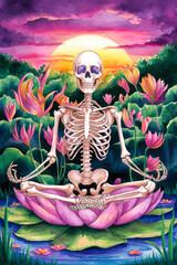 Colorful meditating skeleton. Watercolor art for prints, design, banner, covers.	
