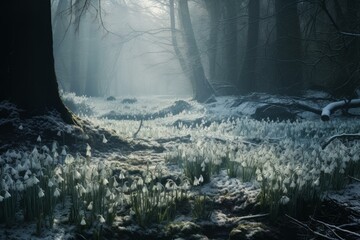 Pristine Snowdrops forest violet blossom at mountains. Nature flora plant white. Generate Ai