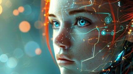 Woman cyborg Close up of red hair cybernetic cyber background wallpaper AI generated image