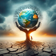 Human hand holding earth. Leafless tree dry , cracked land  surface Global Warming nature disaster concept.