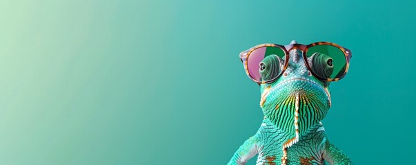 Photo of A chameleon wearing sunglasses on green background, cute animal concept with copy space banner mockup design , colorfull