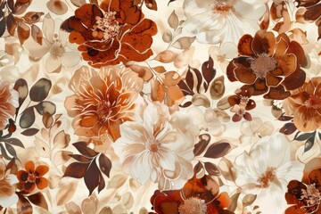 Brown and White Floral Pattern on Beige and White Background with Beautiful Flowers Blooming Across the Design