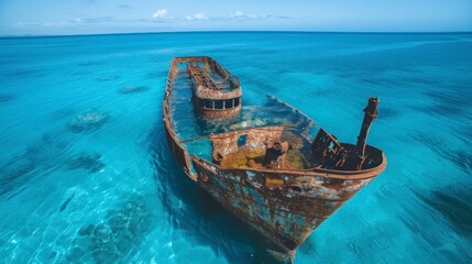 rusty old boat on the blue sea during the day with a blue sky in high resolution and quality