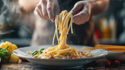Closeup of cooking process of making homemade pasta. The chef makes fresh traditional Italian pasta with flour and eggs on a rustic table.