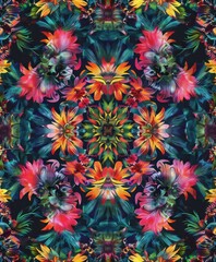 Vibrant Floral Pattern with Red, Yellow and Green Flowers on Black Background for Design Inspiration