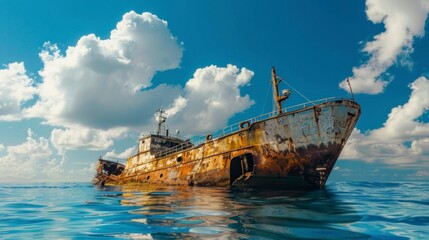 rusty old ship on the blue sea during the day with a blue sky in high resolution and high quality. concept boats,rusty,sea