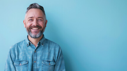 Obraz premium A man with a beard and a blue shirt is smiling
