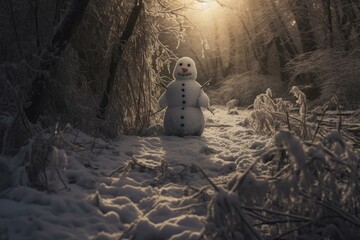 Picturesque Snowman winter nature forest. Fun scene. Generate Ai
