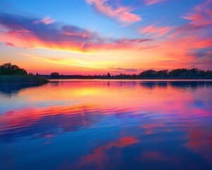 Obraz premium Amazing colorful sunset over calm lake. Pink, blue and yellow colors of sky and their reflection on water surface.