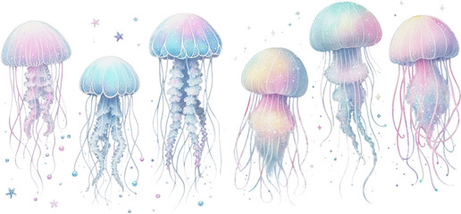 Watercolor jellyfish pastel clipart, transparent background, PNG