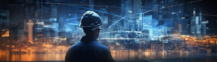 Naklejka premium A man in a hard hat is looking at a cityscape with a lot of buildings and lights