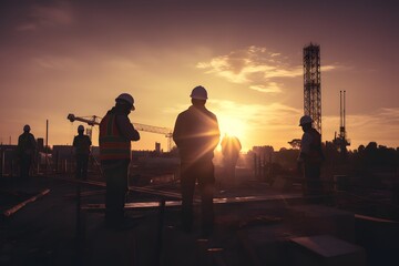 Silhouettes of engineers and construction teams working on site over a blurred background of sunset colors.
