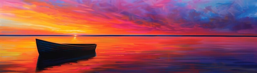 The boat is floating on the water with a beautiful sunset in the background