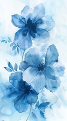 The image is a watercolor painting of blue flowers