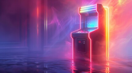 arcade cabinet with translucent screens and pulsating neon lights, casting dynamic shadows
