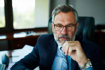 Confident Senior Executive in Corporate Office. Portrait of a confident senior male executive with a beard, wearing glasses and a blue suit, seated in his office.