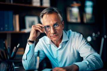 Obraz premium Serious Businessman in Office. Mature businessman adjusting glasses, looking at camera with a serious expression.