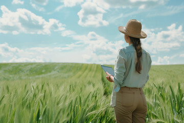 Woman Farmer Evaluating Wheat Field. Agricultural scientist with tablet observing green wheat field under blue sky.