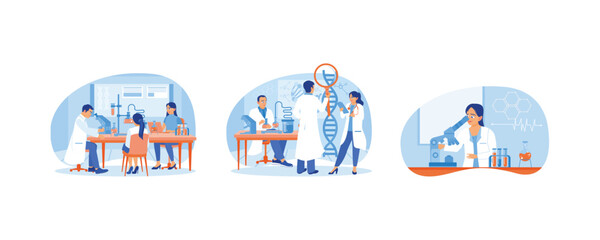 Obraz premium Scientists work in the laboratory. Conduct research on DNA molecules. Microbiological analysis. Laboratory concept. Set flat vector illustration.