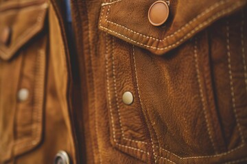 Close-up of textured brown leather jacket with stitching and but