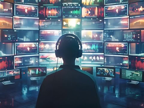 This digital image showcases the immersive and dynamic nature of modern podcast streaming platforms A central figure is surrounded by a multitude of screens each displaying vibrant cover art sound