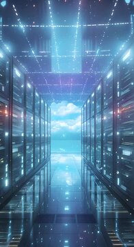 This image depicts a vast cloud computing data center with rows of servers and storage devices arranged in a sleek organized manner The futuristic minimalist design and the use of cool blue tones