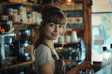 young waitress serving coffee at cafe