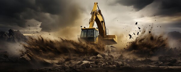 A yellow excavator is driving through a muddy field. The sky is cloudy and the ground is covered in dirt and rocks. The scene is chaotic and wild, with the excavator being the only source of order
