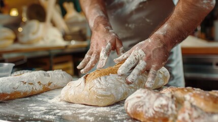 baker skillfully shaping dough into traditional baguettes