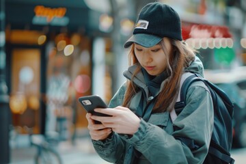 Food delivery woman using smart phone in city